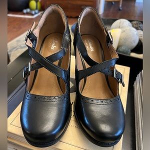 Ladies Black Leather Pumps with Straps by Clarks